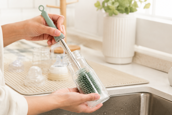 Silicone bottle brush cleaning a glass baby bottle