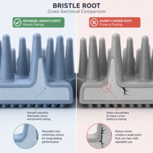 Silicone brush bristle root and tear prevention design