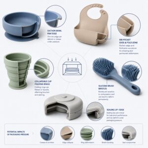 Silicone product structures sensitive to packaging pressure