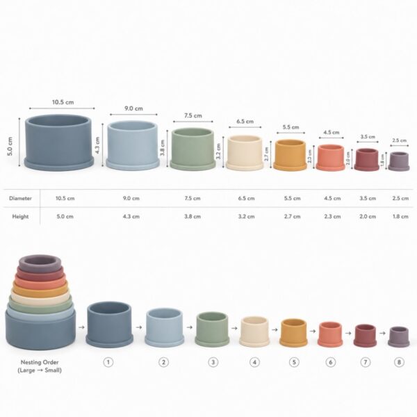 Silicone stacking cups size sequence and nesting structure