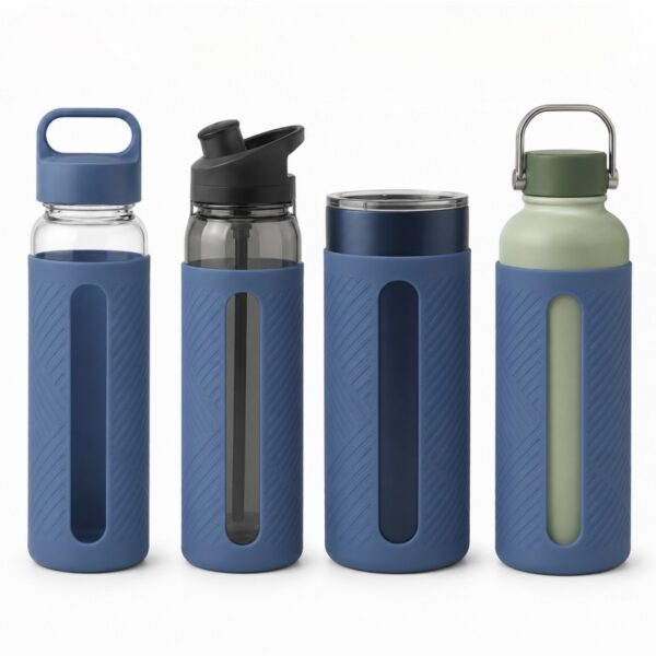 Silicone water bottle sleeve front and side view
