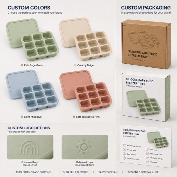 Custom colors logos and packaging for baby food freezer trays
