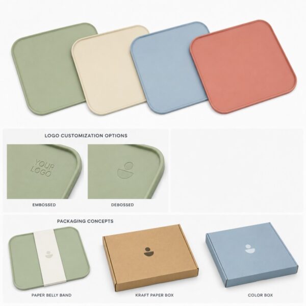 Custom colors logos and packaging for silicone baby placemats