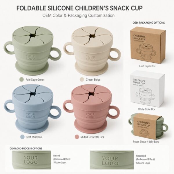 Custom colors logos and packaging for silicone snack cups