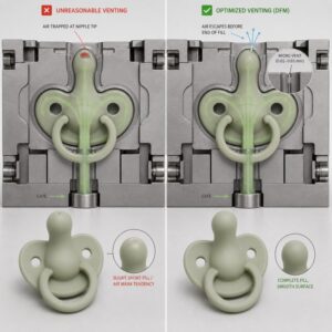 LSR pacifier gate and mold venting flow analysis