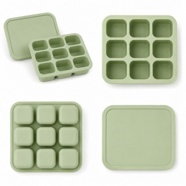 Silicone baby food freezer tray top side and bottom views