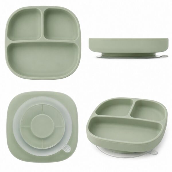 Silicone baby suction plate front side and bottom views