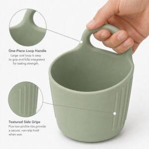 Silicone bath rinse cup ergonomic handle and grip design