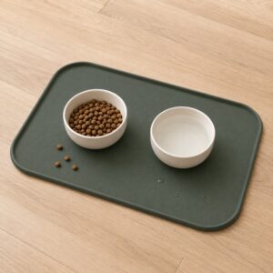 Silicone pet feeding mat for two pet bowls