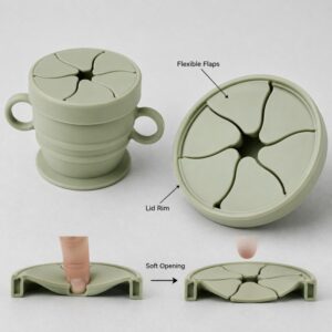 Silicone snack cup flexible petal flap lid design