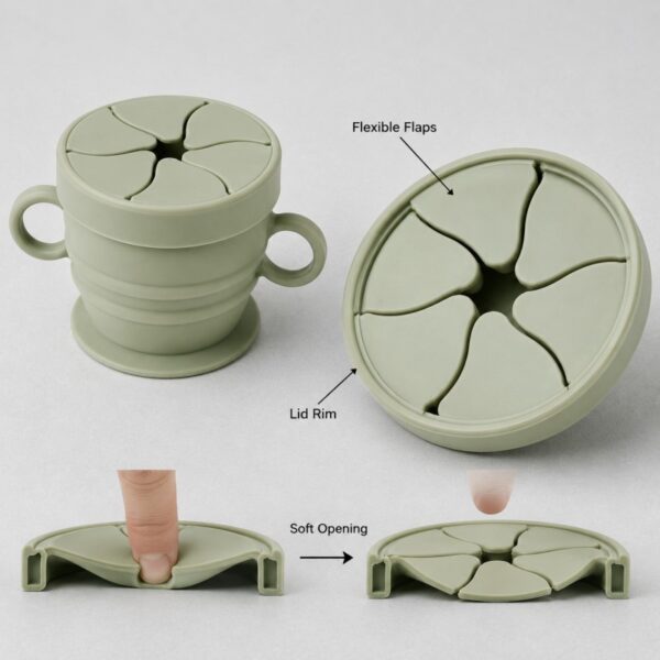 Silicone snack cup flexible petal flap lid design
