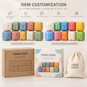 Custom colors logos and packaging for silicone number learning blocks