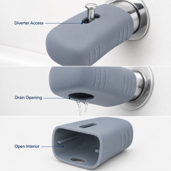 Silicone bath spout cover diverter access and drainage design