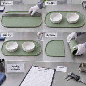 Silicone pet feeding mat flatness and spill testing