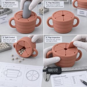 Silicone snack cup flap recovery and functional testing