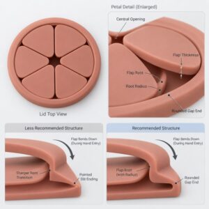 Silicone snack cup flap root radius and thickness design