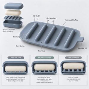Silicone soap tray rib height and spacing design