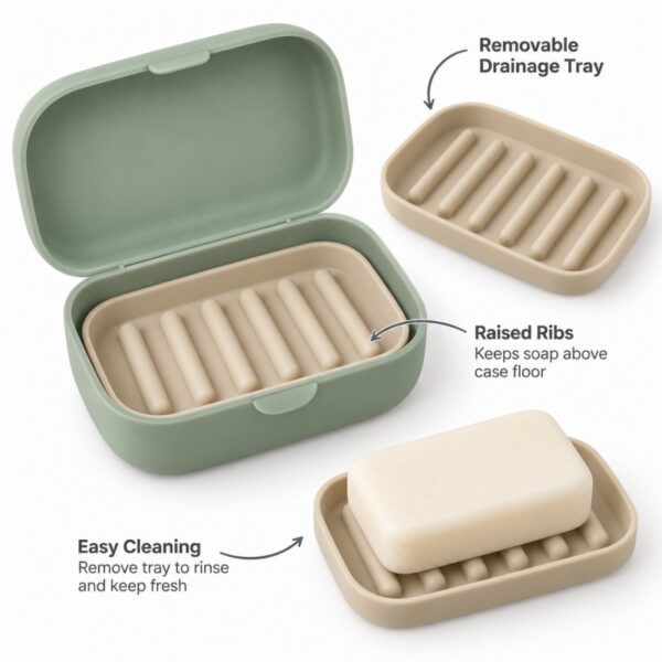 Silicone travel soap case removable drainage tray