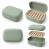 Silicone travel soap case front open and bottom views