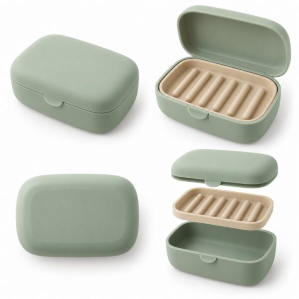 Silicone travel soap case front open and bottom views