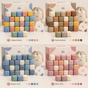 Custom silicone alphabet blocks colors logo and packaging