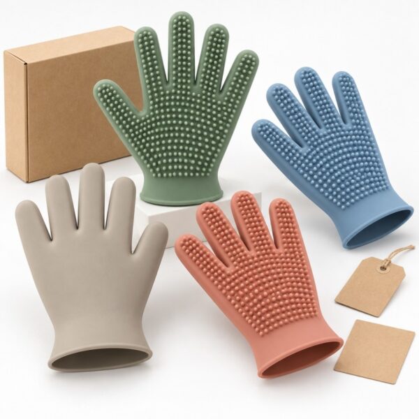 Custom silicone pet grooming glove colors logo placement and OEM retail packaging