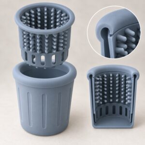 Close-up of silicone dog paw washer inward rim and removable brush insert structure