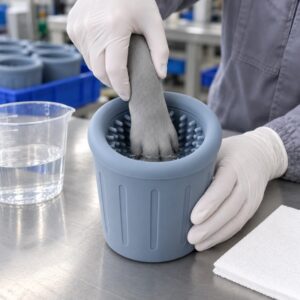 Sample inspection of silicone dog paw cleaner cup splash control and water fill level