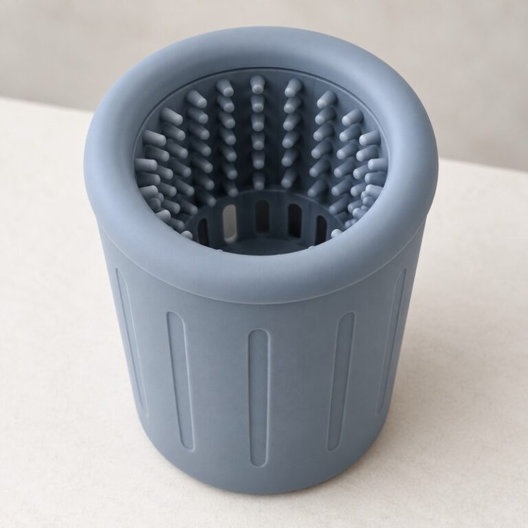 Slate blue silicone dog paw cleaner cup with removable bristle sleeve and splash control rim