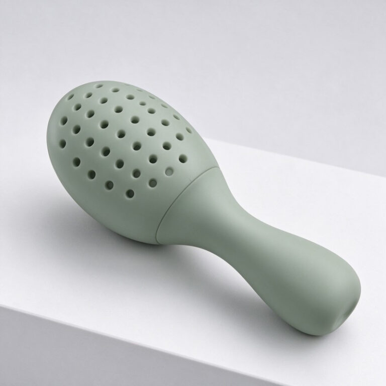 One-piece silicone baby fruit feeder with a rounded perforated feeding head