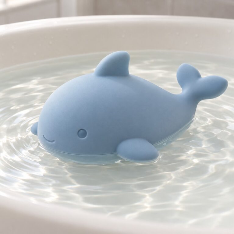 Custom pastel blue silicone whale bath toy floating upright in shallow water