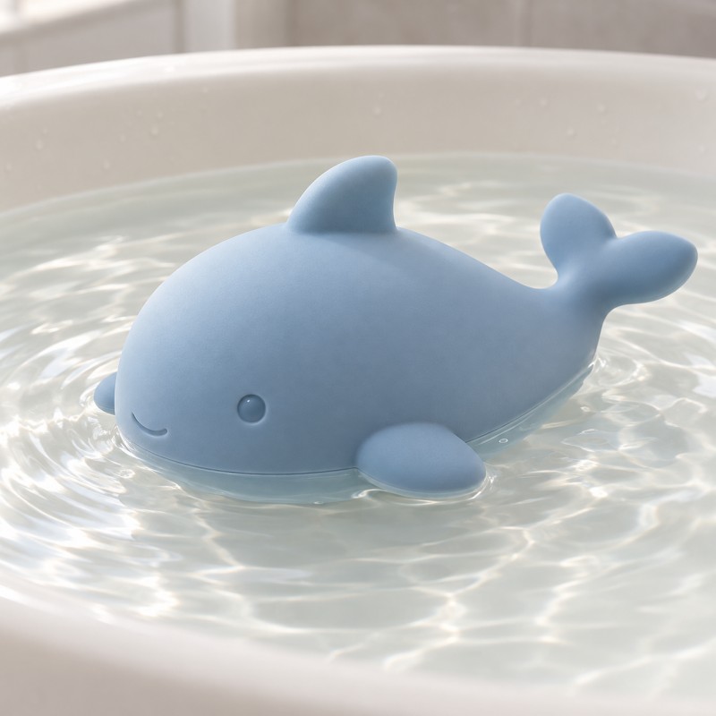 Custom pastel blue silicone whale bath toy floating upright in shallow water