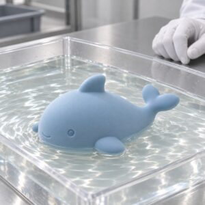 Silicone whale bath toy floating balance sample inspection in a transparent water test tank