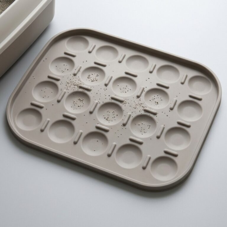 One-piece silicone cat litter mat with shallow recessed collection cells and a rounded perimeter