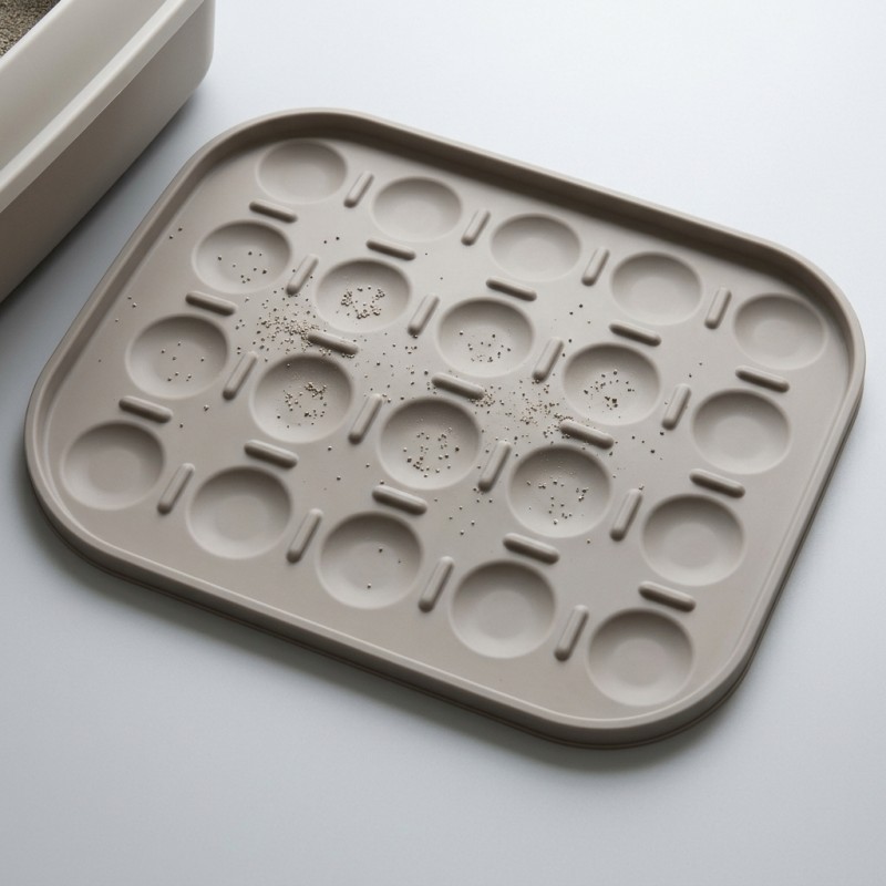 One-piece silicone cat litter mat with shallow recessed collection cells and a rounded perimeter
