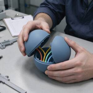 OEM sample inspection of a twist-open silicone sensory ball closure and seam alignment