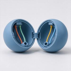 Twist-open silicone sensory ball showing the rounded shell engagement interface and internal pull cords