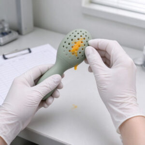 OEM sample inspection of silicone fruit feeder food flow and opening quality