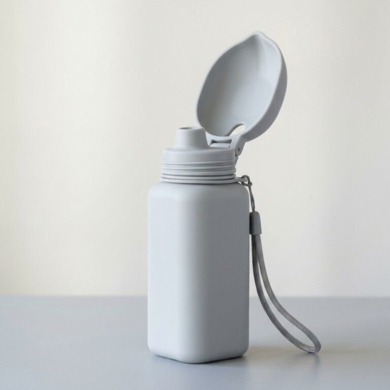 Light gray silicone pet travel water bottle with an integrated flip-up drinking bowl