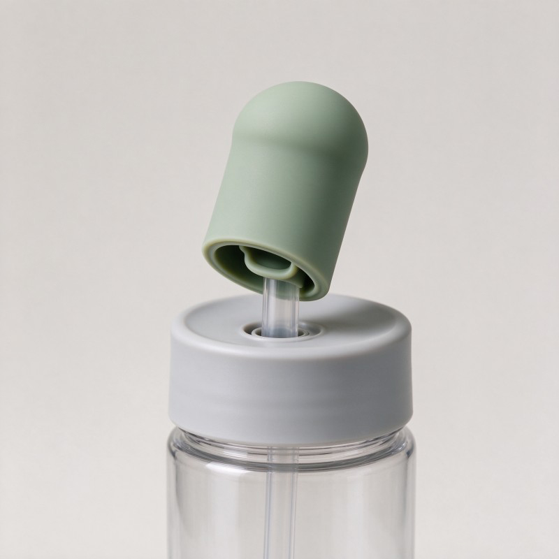 Custom sage green silicone straw cap fitted to a reusable drinking straw