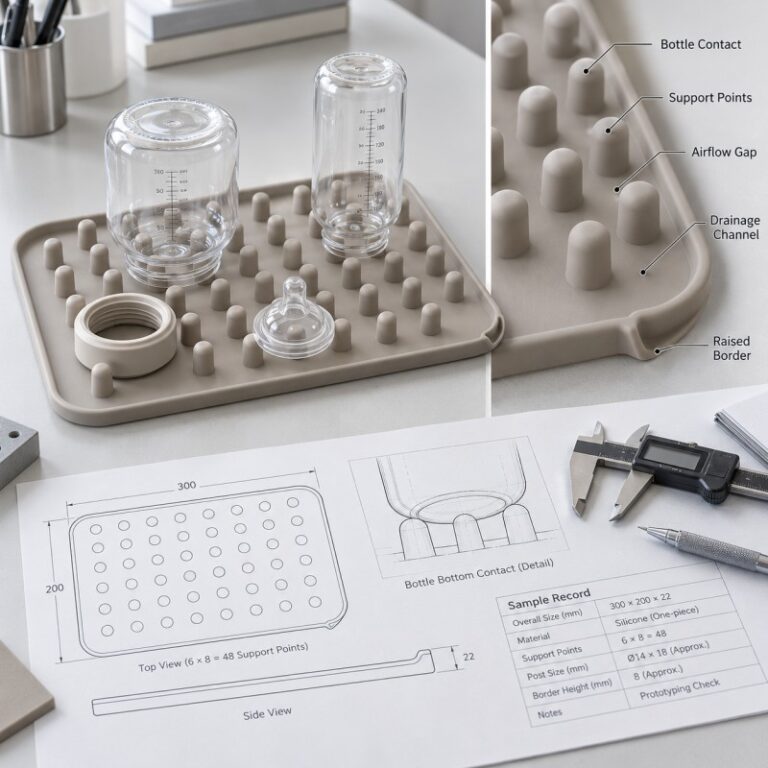 Silicone baby bottle drying mat support and airflow design