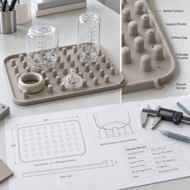 Silicone baby bottle drying mat support and airflow design