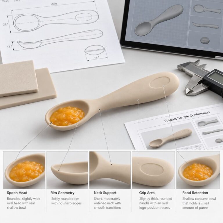 Silicone baby spoon design for food retention and controlled flexibility