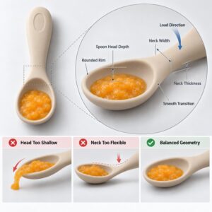 Silicone baby spoon head depth neck stiffness and rim geometry
