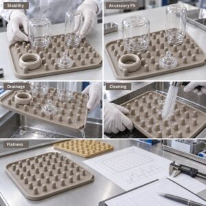 Silicone baby bottle drying mat stability drainage and cleaning validation