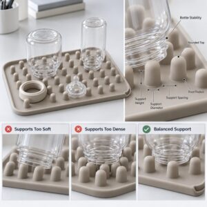Silicone drying mat support point height spacing and bottle stability