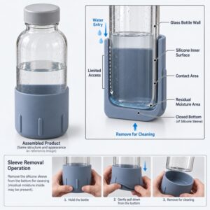 Silicone bottle sleeve moisture interface and cleaning access design