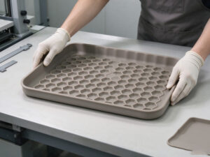 Illustrative inspection of dimensions, surface texture and appearance on a custom silicone cat litter mat
