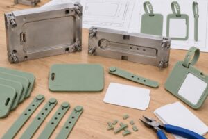 Illustrative silicone luggage tag body and strap molding process