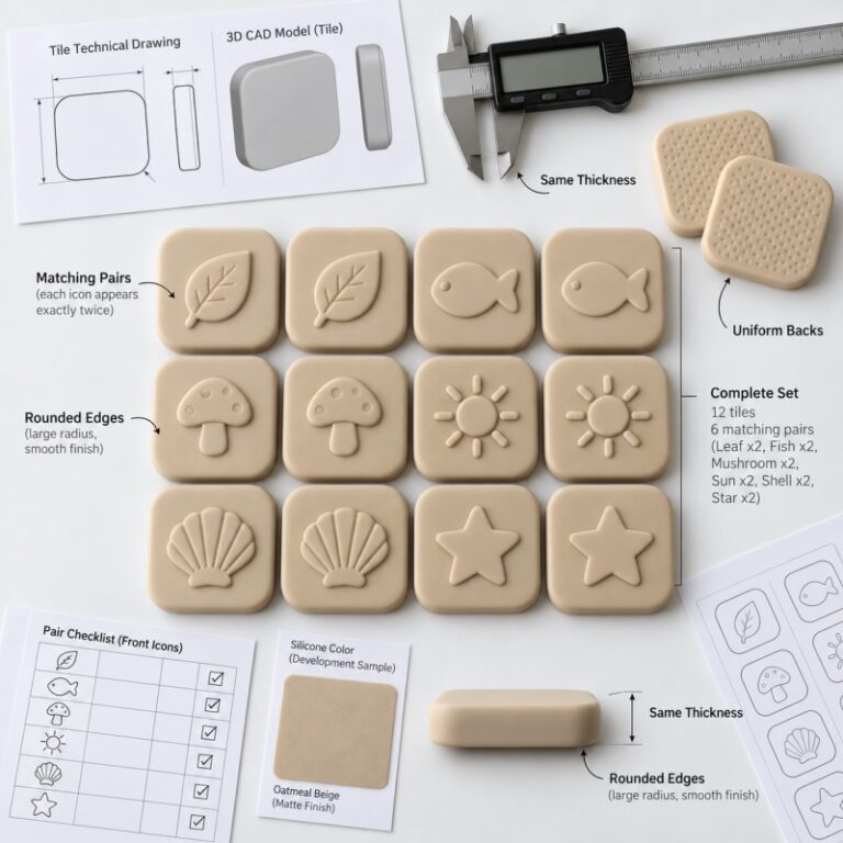 Silicone memory matching game tile uniformity and pair design